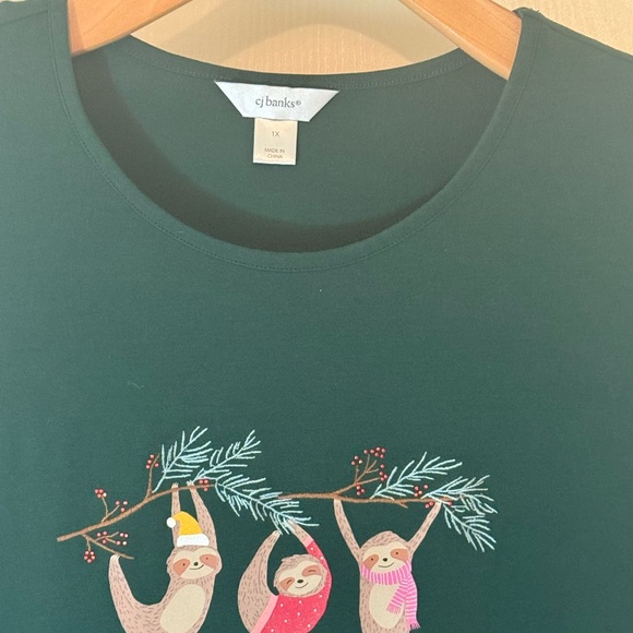 CJ Banks Dark Green Sloth Embroidered Long Sleeve Top - Picture 3 of 4